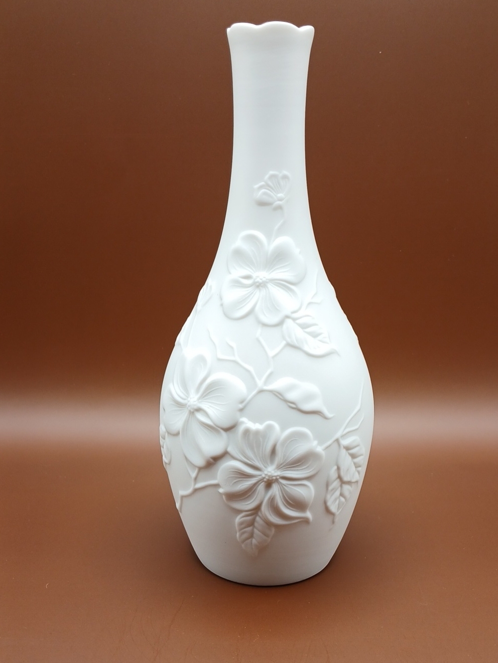 Kaiser W. Germany Matte Bisque White #654 Floral Porcelain Bud Vase 7.75"